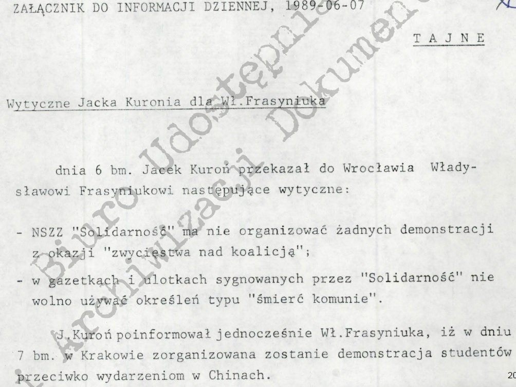 Tajny dokument - wytyczne Jacka Kuronia dla Władysława Frasyniuk, czerwiec 1989 rok