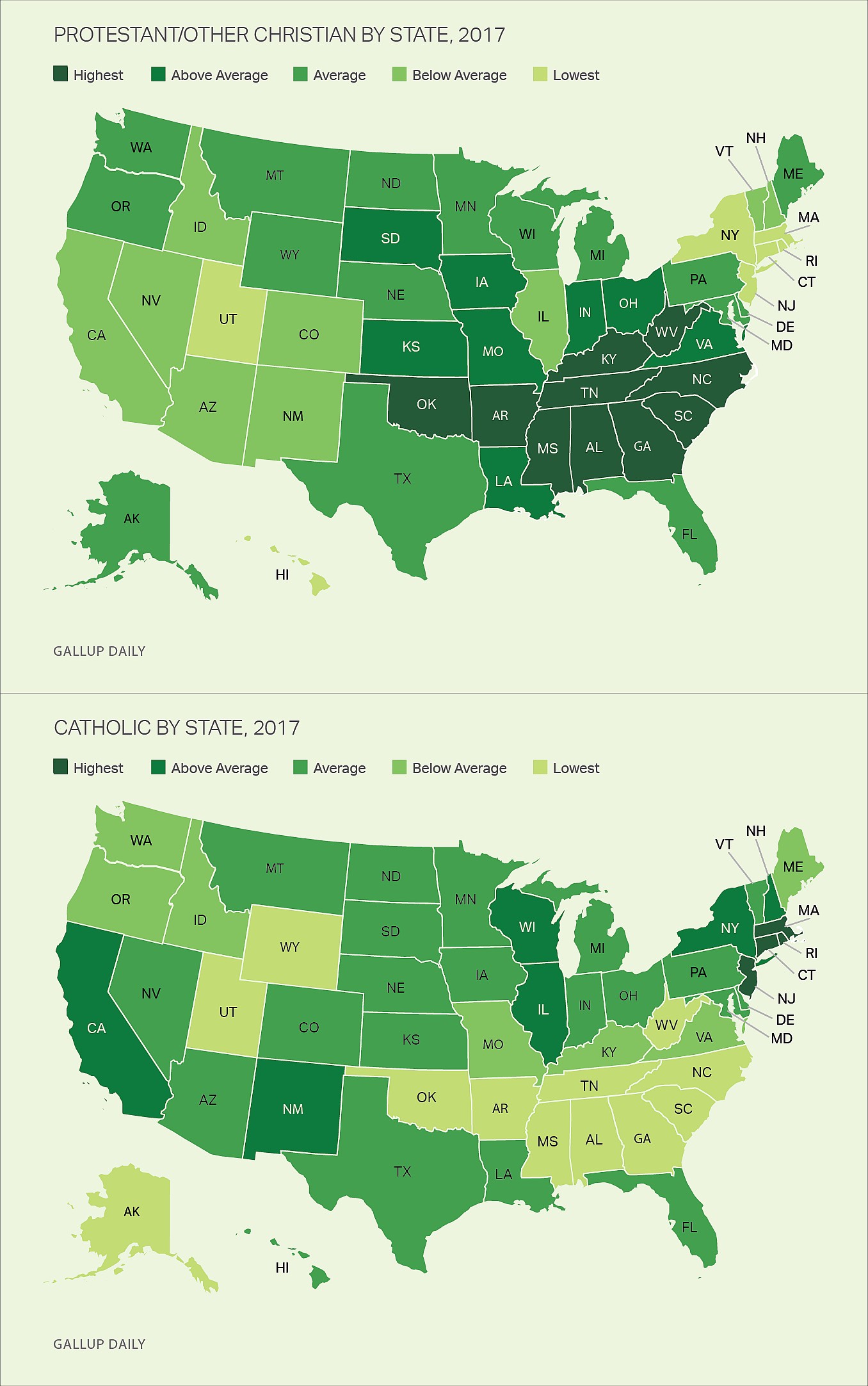 Protestanci i chrześcijanie w poszczególnych stanach USA, 2017