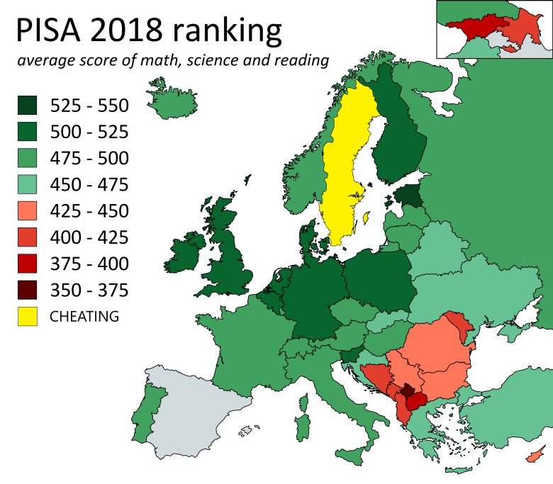 Ranking PISA 2018, Europa: średni wynik z matematyki, nauk ścisłych i czytania