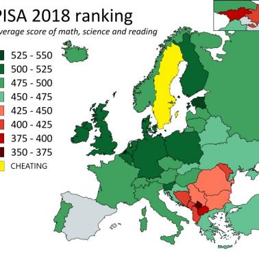 Ranking PISA 2018, Europa: średni wynik z matematyki, nauk ścisłych i czytania