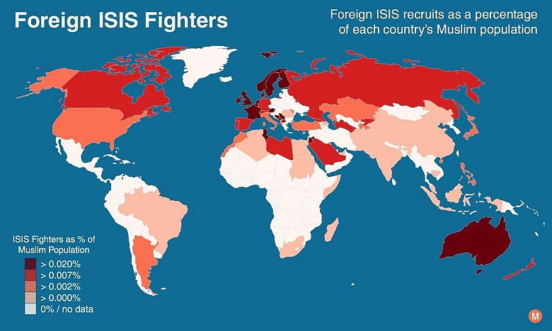 Pochodzenie zagranicznych bojowników DAESH (ISIS) w porównaniu do muzułmańskiej populacji danego kraju