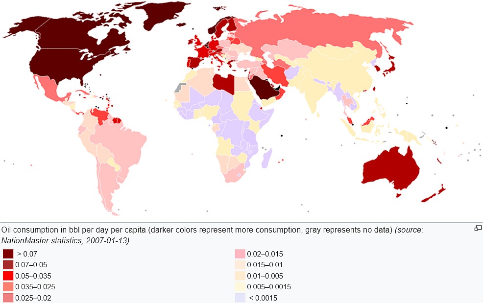 Dzienne zużycie ropy w baryłkach na osobę na świecie, 2007 rok
