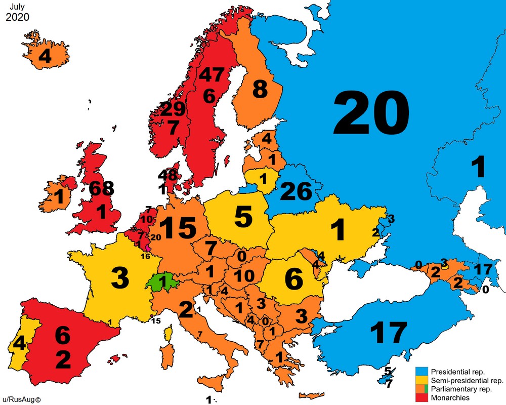 Okres, przez jaki głowa państwa sprawowała władzę, Europa, lipiec 2020