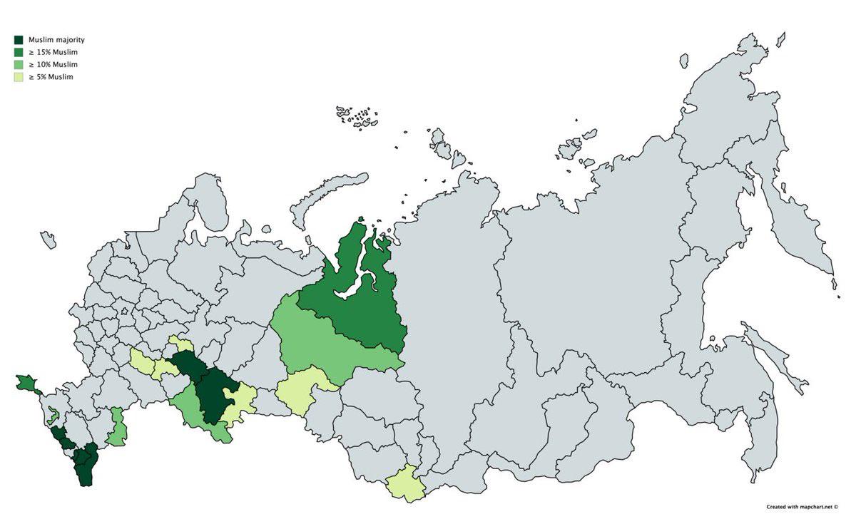 Największy odsetek ludności muzułmańskiej (w tym Krym) w regionach Rosji