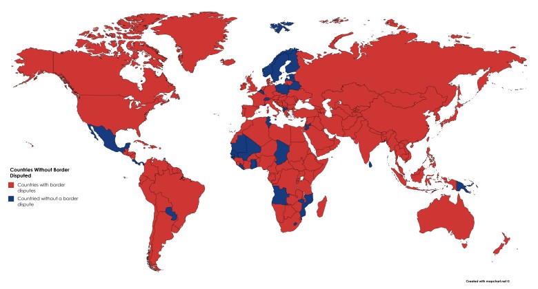 Kraje z konfliktami granicznymi (czerwony = ma spór graniczny, niebieski = nie)