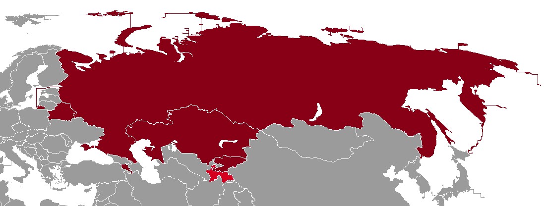 Strefa wpływów Rosji: kraje, które są członkami OUBZ i EAEU (ciemnoczerwony) oraz OUBZ, ale nie należą do EAEU (jasnoczerwony)