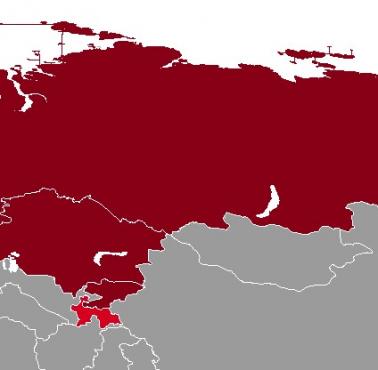 Strefa wpływów Rosji: kraje, które są członkami OUBZ i EAEU (ciemnoczerwony) oraz OUBZ, ale nie należą do EAEU (jasnoczerwony)