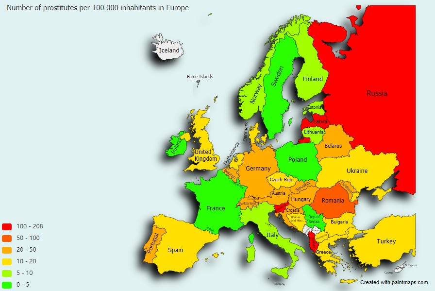 Liczba prostytutek na 100 tys. mieszkańców w poszczególnych państwach Europy
