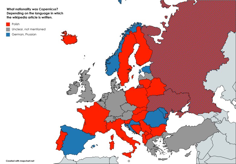 Narodowość Mikołaja Kopernika w poszczególnych krajach Europy wg. lokalnej wikipedii