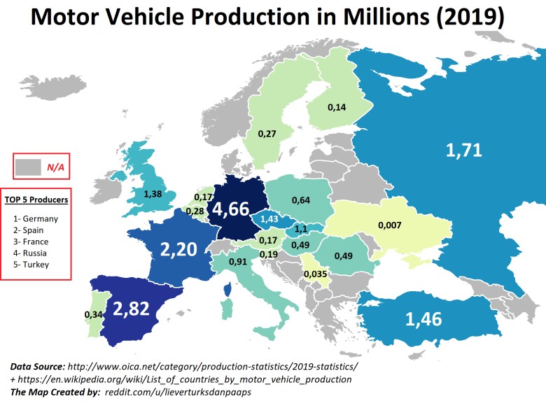 Najwięksi producenci samochodów w Europie (w mln sztuk), 2019
