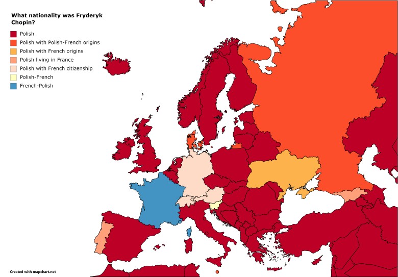 Narodowość Fryderyka Chopina w poszczególnych krajach Europy wg. lokalnej wikipedii