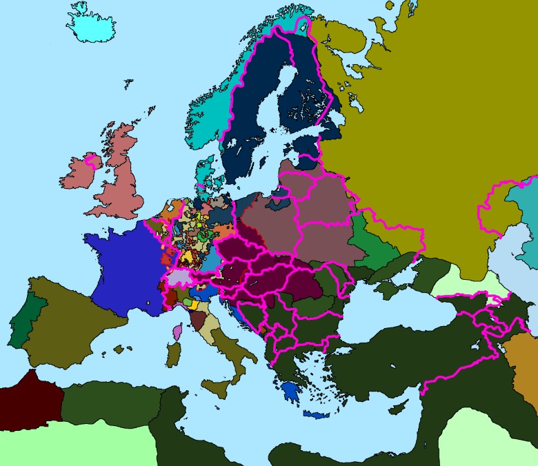 Granice współczesnych państw naniesione na mapę Europy z 1700 roku