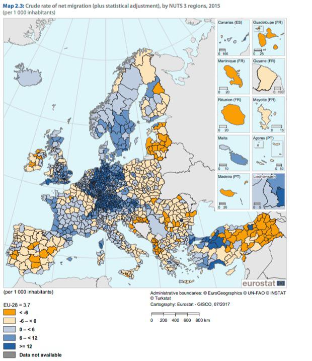 Migracja netto w Europie, widoczny obszar rdzeniowy Unii i peryferia, 2015