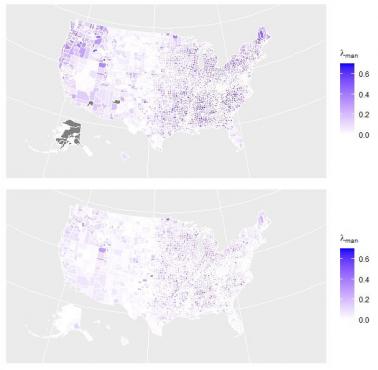 Udział pracowników zatrudnionych w przemyśle USA, 1977 vs. 2017