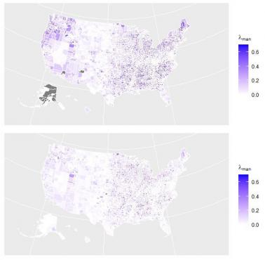 Udział pracowników zatrudnionych w przemyśle USA, 1977 vs. 2017