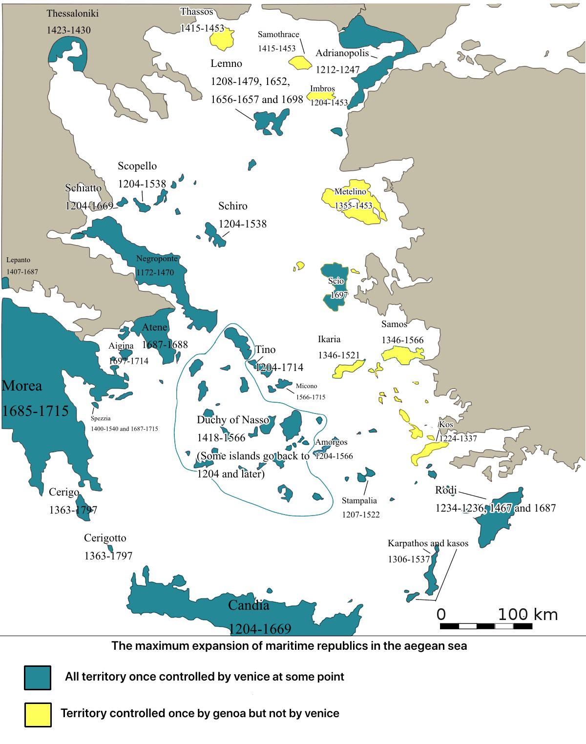Obszar kontrolowany przez Republikę Wenecką (wraz z datami przejęcia kontroli), na żółto Genua, Morze Egejskie