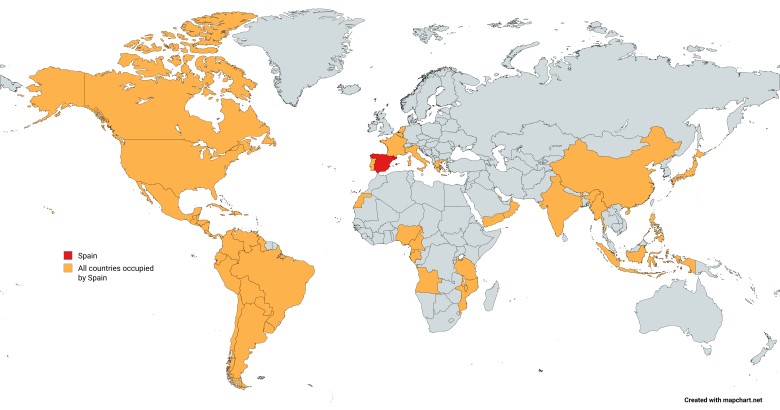 Mapa wszystkich krajów okupowanych przez Hiszpanię