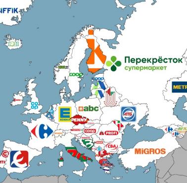 Największe sieci supermarketów w poszczególnych krajach Europy (na podstawie liczby sklepów), 2020