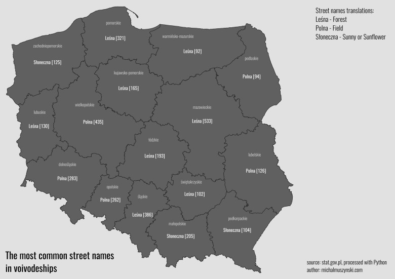 Najpopularniejsze nazwy ulic w Polsce według województw