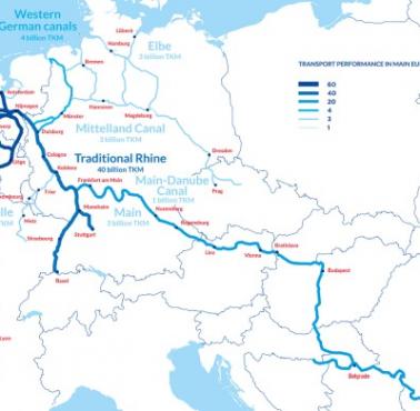 Ładunki przepływające przez główne europejskie rzeki i kanały, widoczny obszar rdzeniowy Unii i peryferia