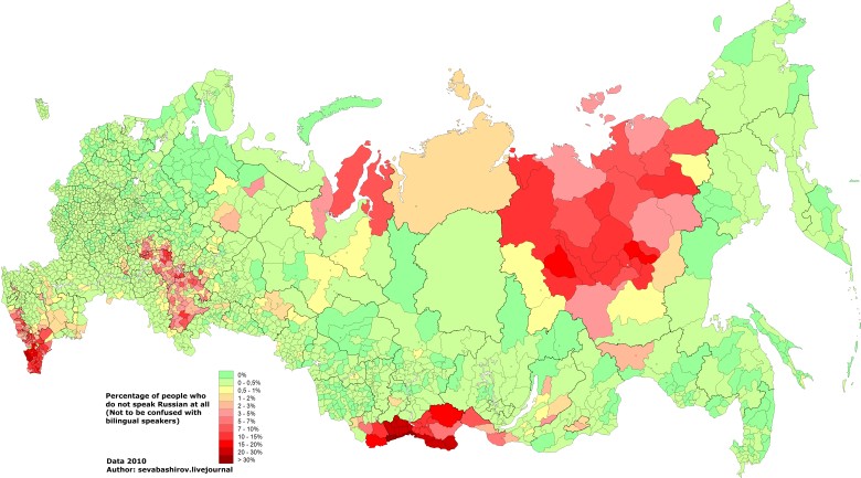 Odsetek mieszkańców Rosji, która nie mówi po rosyjsku, 2010