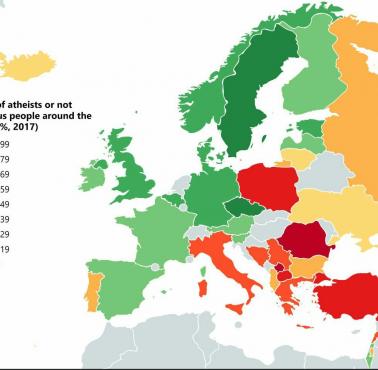Odsetek ateistów i osób niereligijnych w Europie, 2017