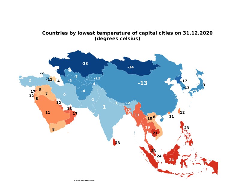 Najniższa temperatura stolic w Azji, ostatni dzień 2020 (31.12.2020)