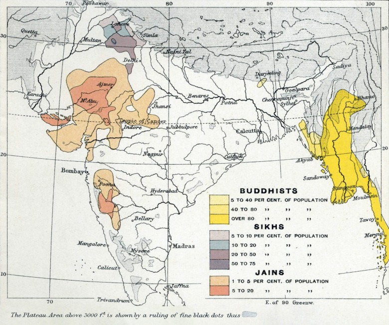 Odsetek sikhów, buddystów i wyznawców dżinizmu w brytyjskich Indiach w 1909 roku