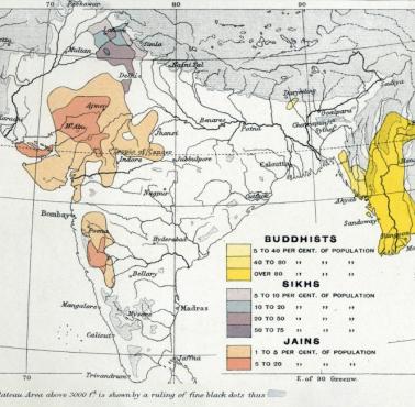 Odsetek sikhów, buddystów i wyznawców dżinizmu w brytyjskich Indiach w 1909 roku