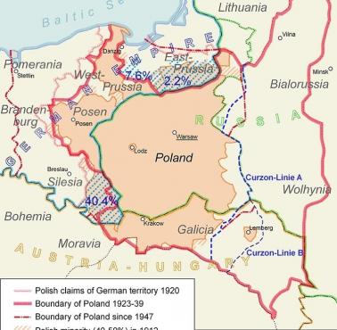 Mapa międzywojenna i powojenna granic, roszczeń Polski