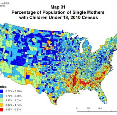 Procent samotnych matek w poszczególnych stanach USA, 2010