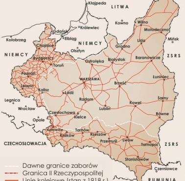 Granice II RP z naniesioną siatką połączeń kolejowych i granic zaborów, stan na 1918