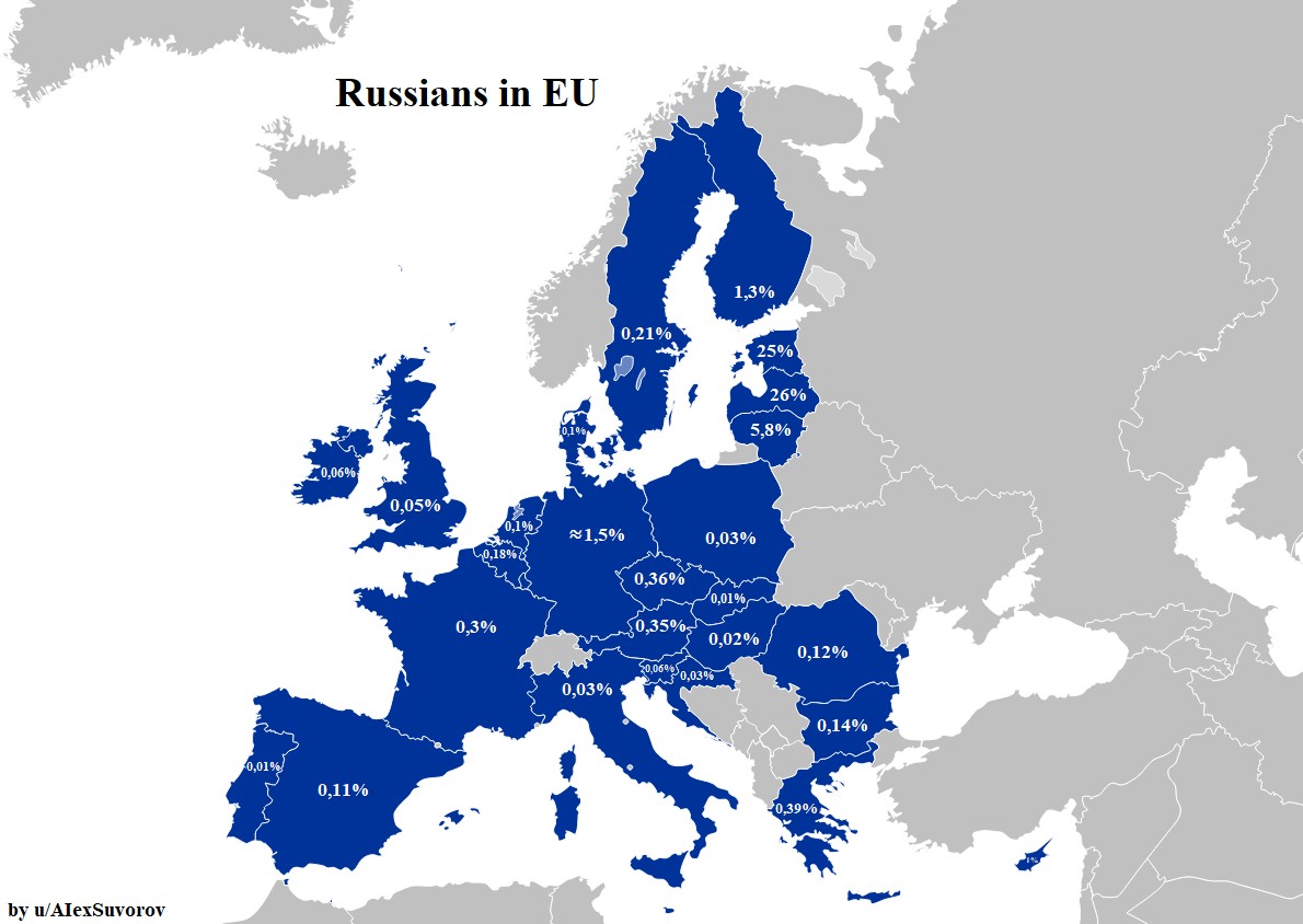 Rosjanie w poszczególnych krajach Unii Europejskiej, 2020