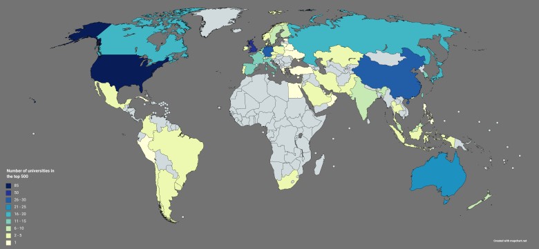 Liczba uniwersytetów uwzględnionych w rankingu QS World University Rankings 2021 (Top 500)