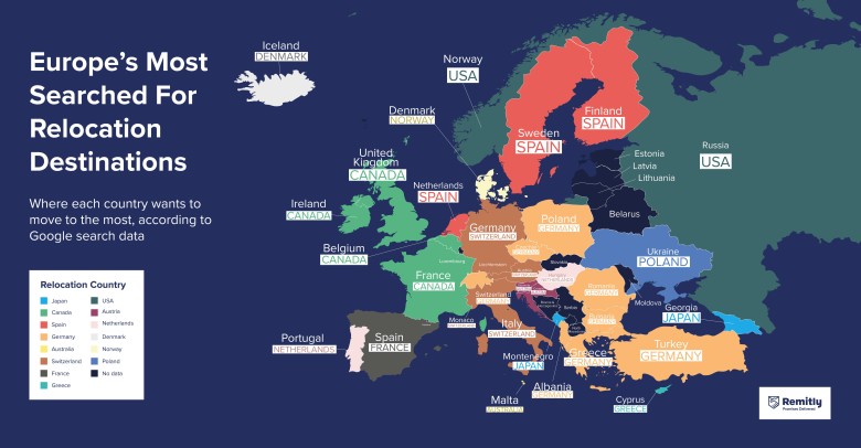 Gdzie mieszkańcy poszczególnych państw europejskich chcieliby mieszkać/przenieść się na stałe, 2020