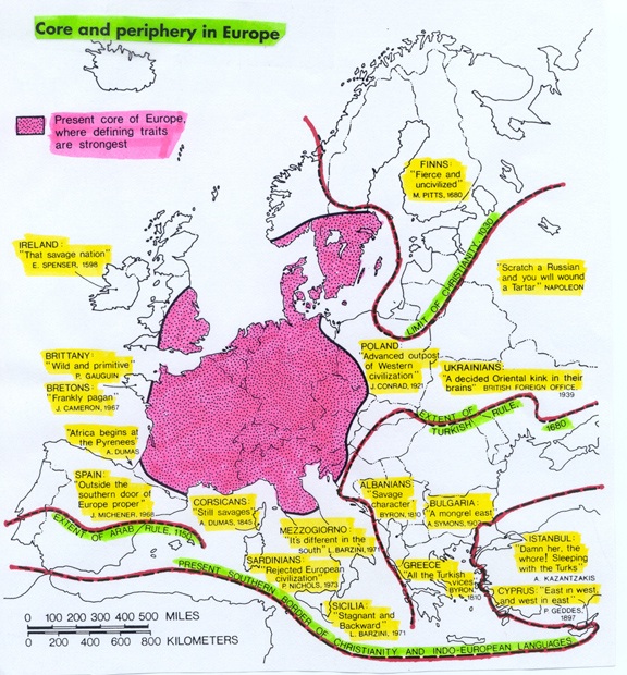 Rdzeń i peryferia Europy (widoczny m.in. dualizm na Łabie)