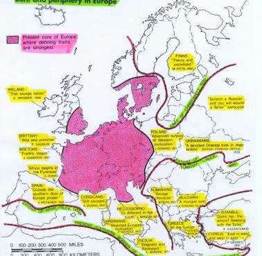 Rdzeń i peryferia Europy (widoczny m.in. dualizm na Łabie)
