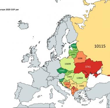 PKB na osobę (per capita) w 2020 w Europie (w dolarach)