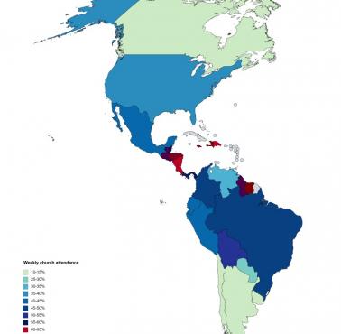 Cotygodniowa frekwencja w kościołach według krajów obu Ameryk
