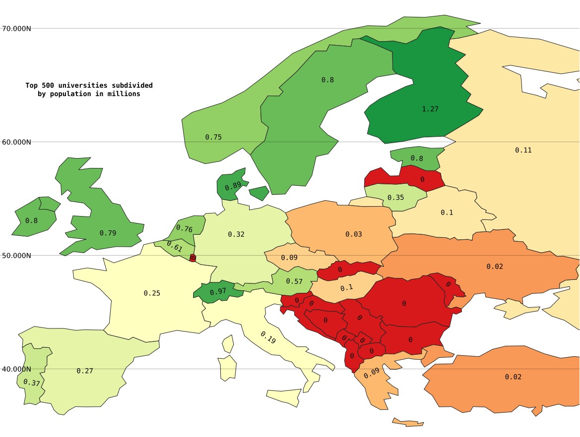 500 najlepszych uniwersytetów pod względem liczby ludności