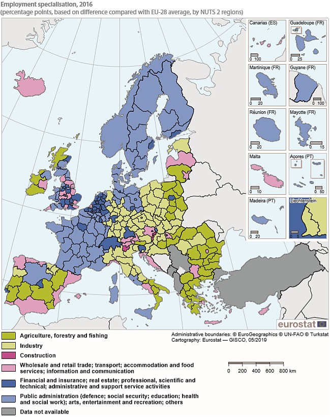 Specjalizacja regionalna w Unii, 2016, widoczna Mitteleuropa i dualizm na Łabie