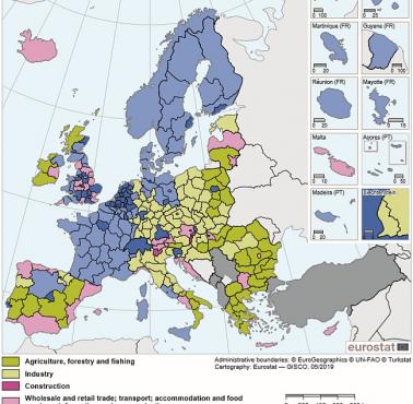 Specjalizacja regionalna w Unii, 2016, widoczna Mitteleuropa i dualizm na Łabie