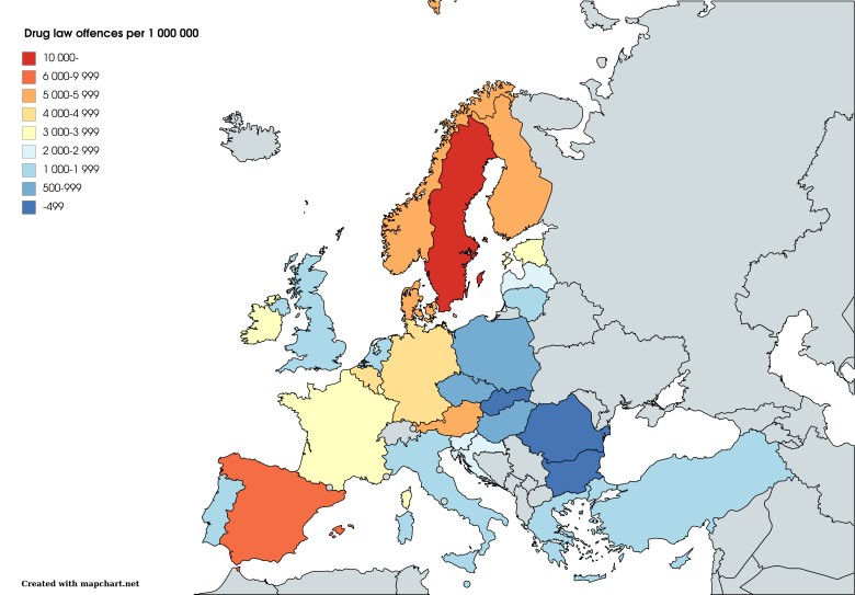 Przestępstwa związane z narkotykami na milion mieszkańców w Europie (EMCDDA, 2020)
