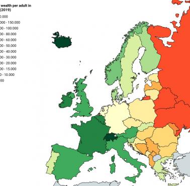 Mediana bogactwa na osobę dorosłą w Europie, 2019