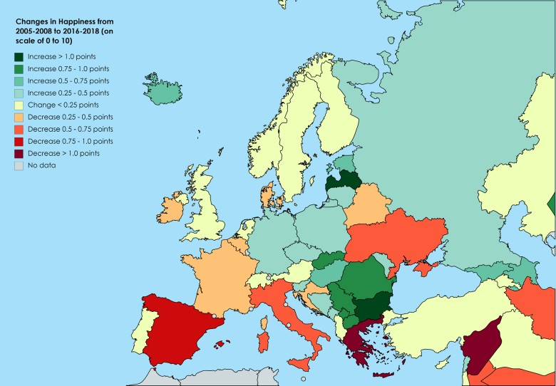 Procent ludzi uznających się za szczęśliwych w Europie, zmiana od 2005 do 2018 roku