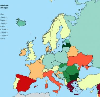 Procent ludzi uznających się za szczęśliwych w Europie, zmiana od 2005 do 2018 roku