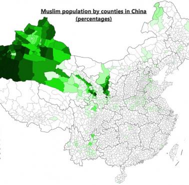Muzułmanie w Chinach (w procentach i z podziałem na powiaty)