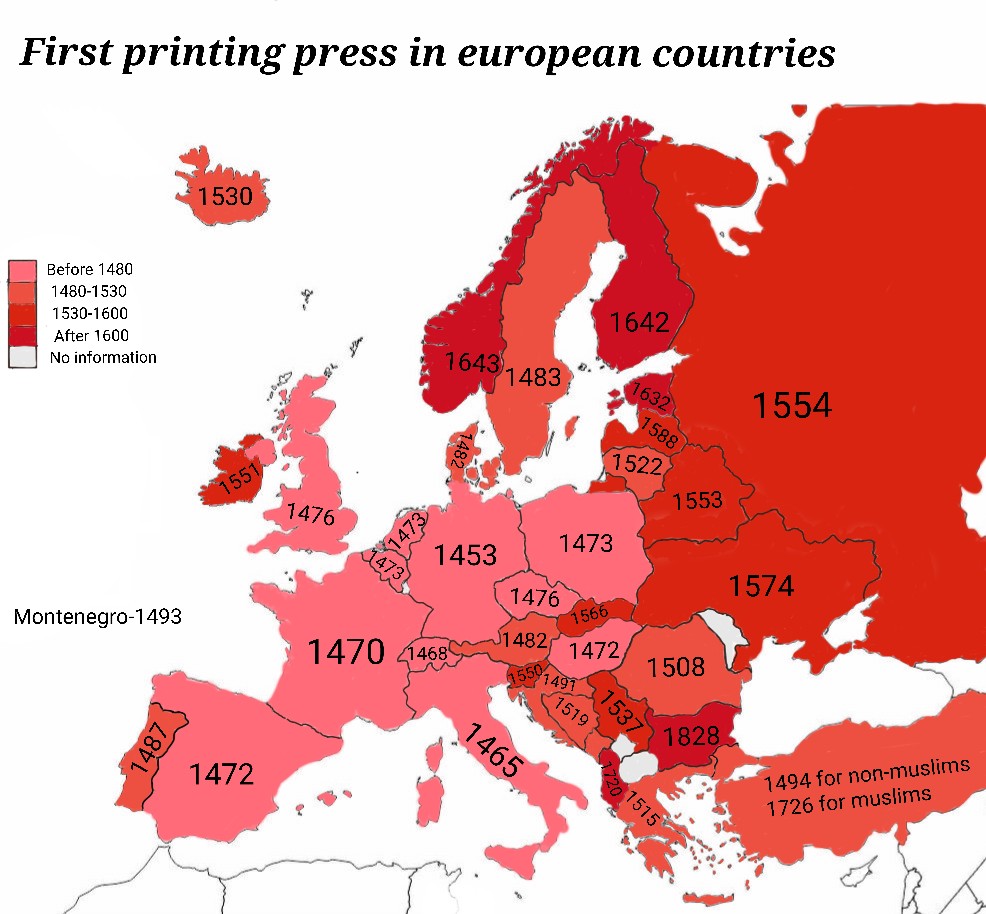 Pierwsza prasa drukarska w krajach europejskich (data pojawienia się)