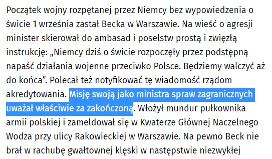 Józef Beck w chwili wybuchu wojny i jego wyobrażenie o obowiązkach ministra spraw zagranicznych