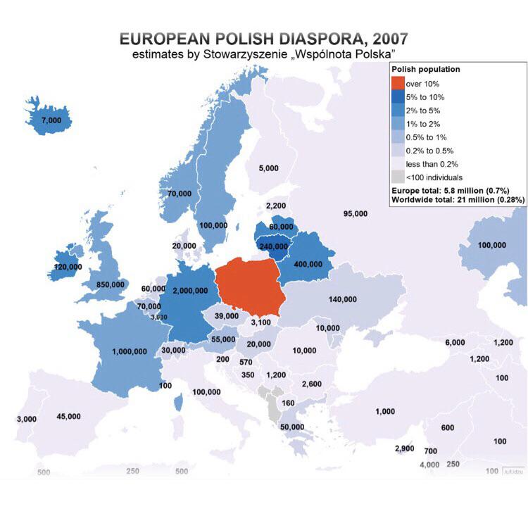 Ludność polska w krajach europejskich w 2007 roku